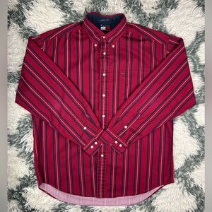 Tommy Hilfiger Men's Red Long Sleeve Button Up Blue Stripe Shirt Size Large